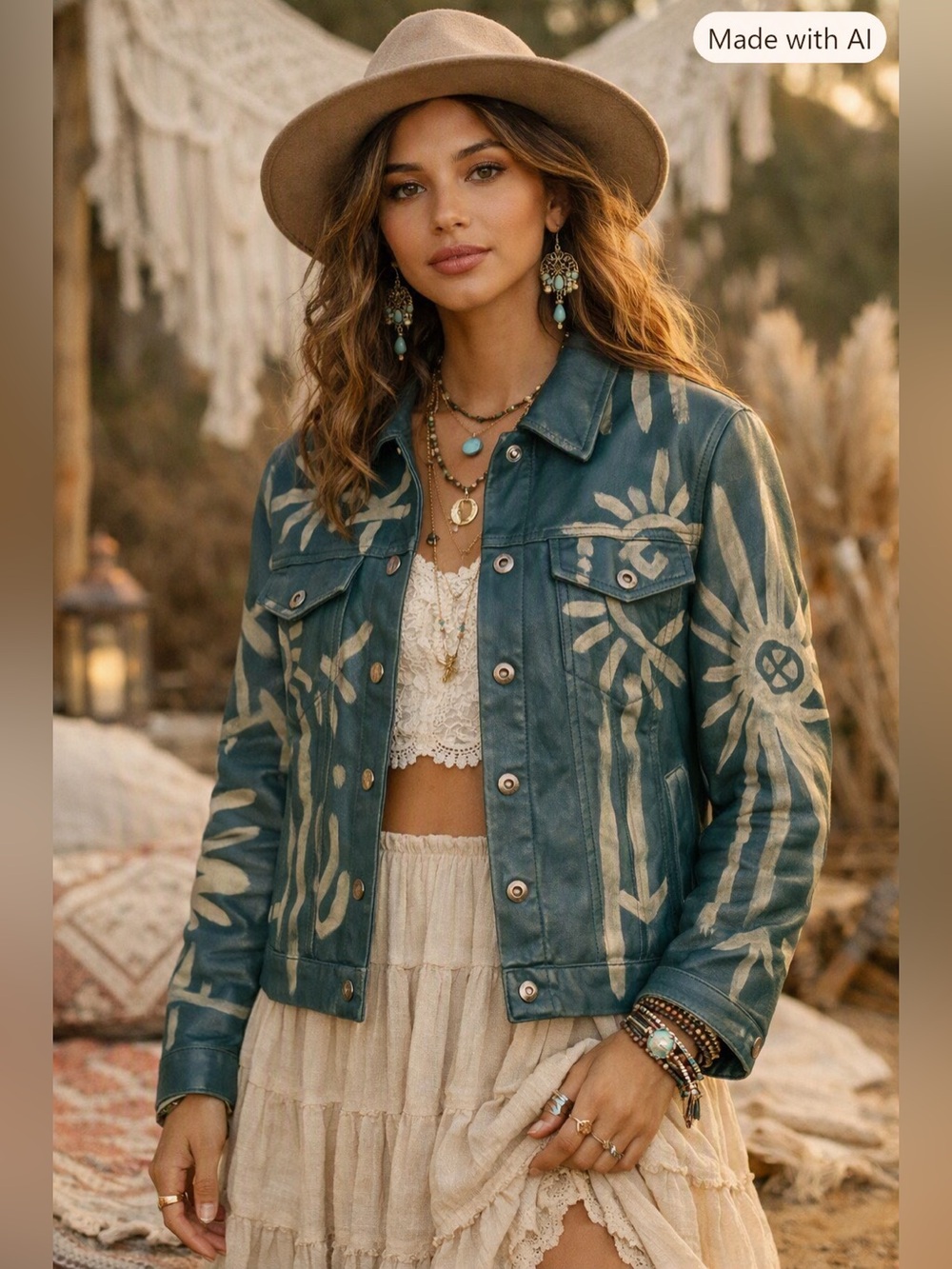 Aviva Stanoff Hand Painted Faux Leather Jacket Slate Teal Size M NWT